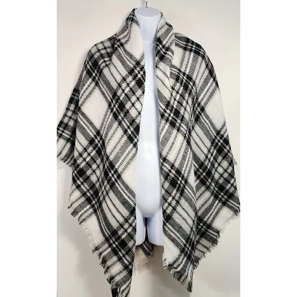 Black White Plaid‎ Fringe Blanket Scarf Shawl Wrap 52x52 NWT